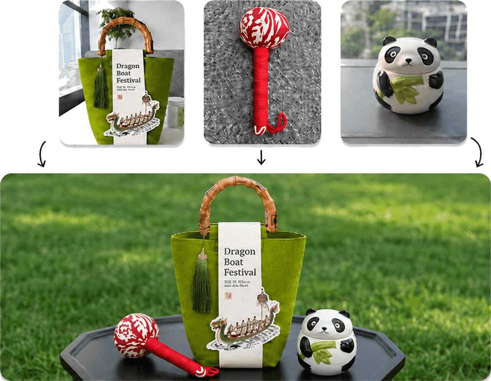 Multi-image fusion example combining a bag, decorative prop, and lifestyle element into one ecommerce marketing visual